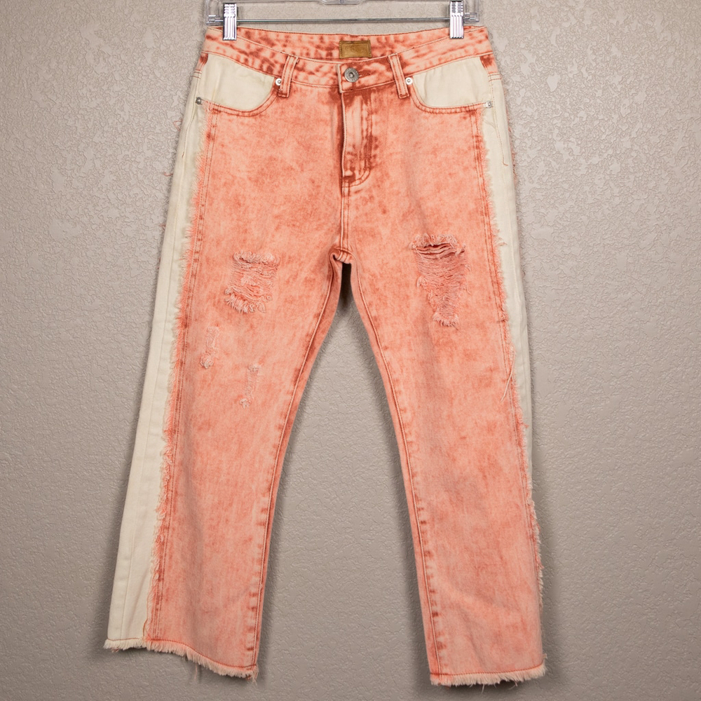 POL acid wash red and white straight crop jeans-S